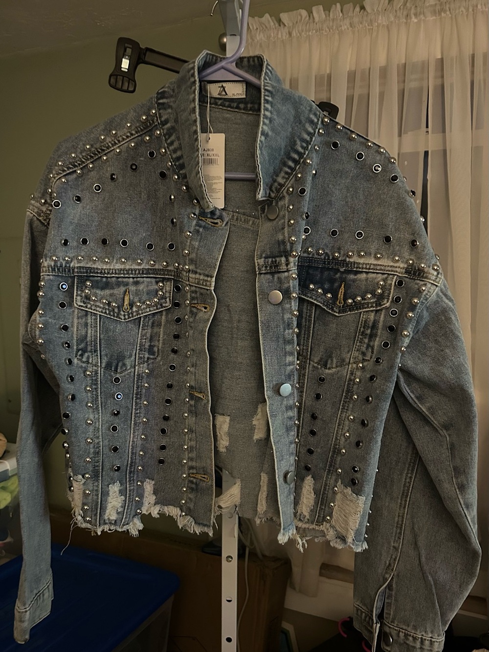 Studded Distressed Light Blue Denim Jacket - Women